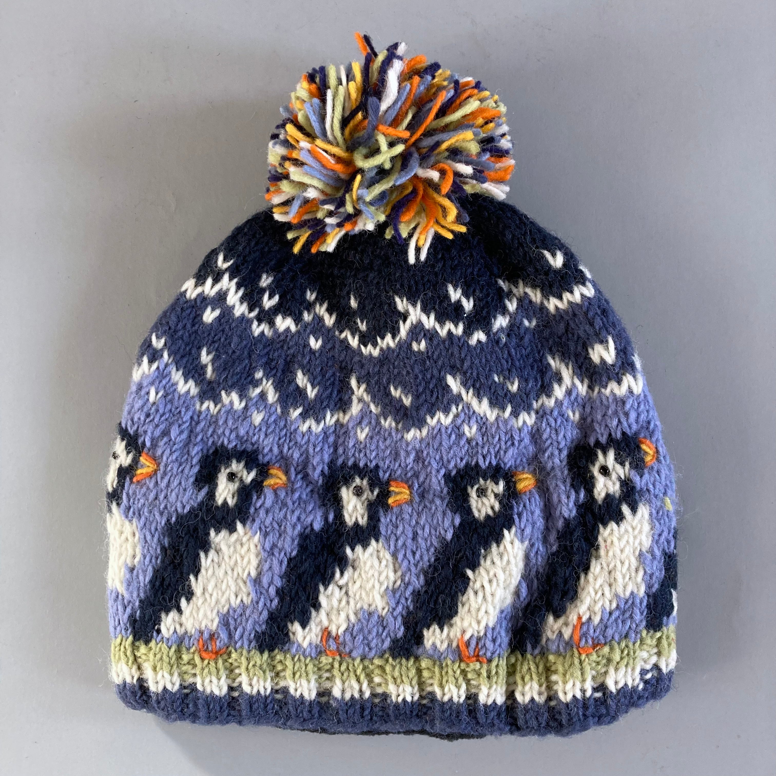 Hand knitted puffin hat