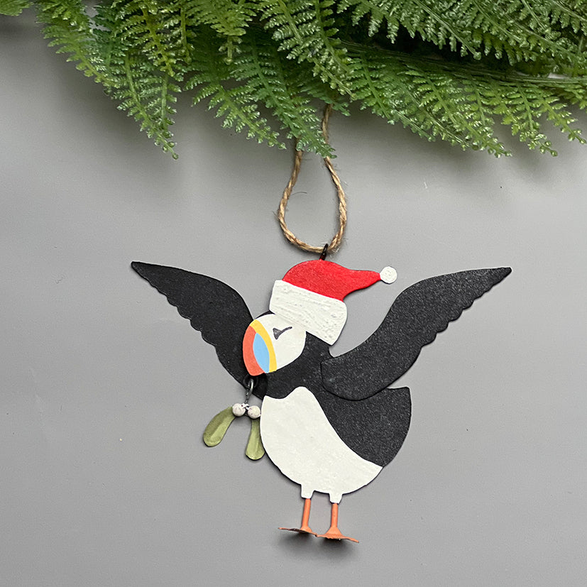christmas flying puffin with mistletoe