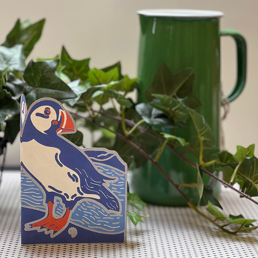 Handprinted Puffin card