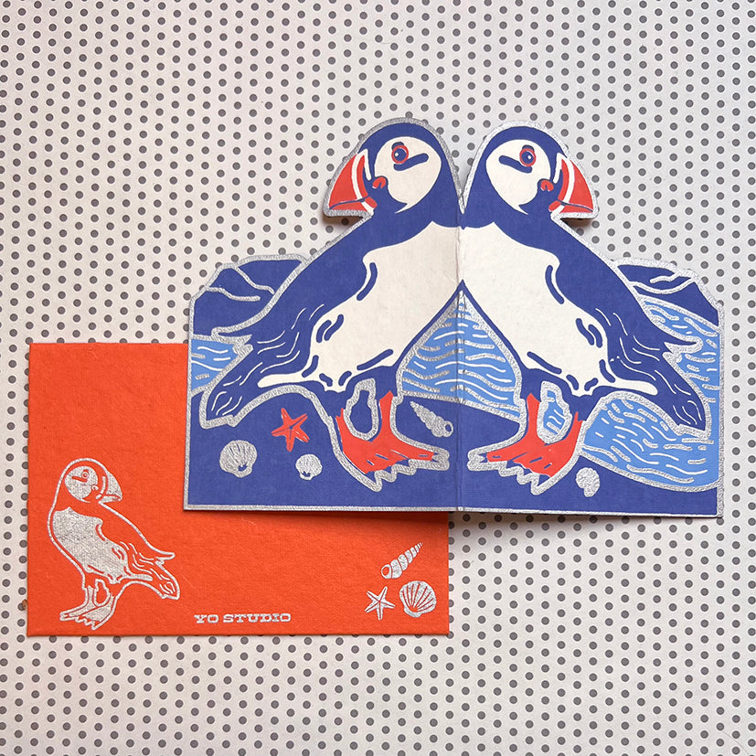 Handprinted Puffin card