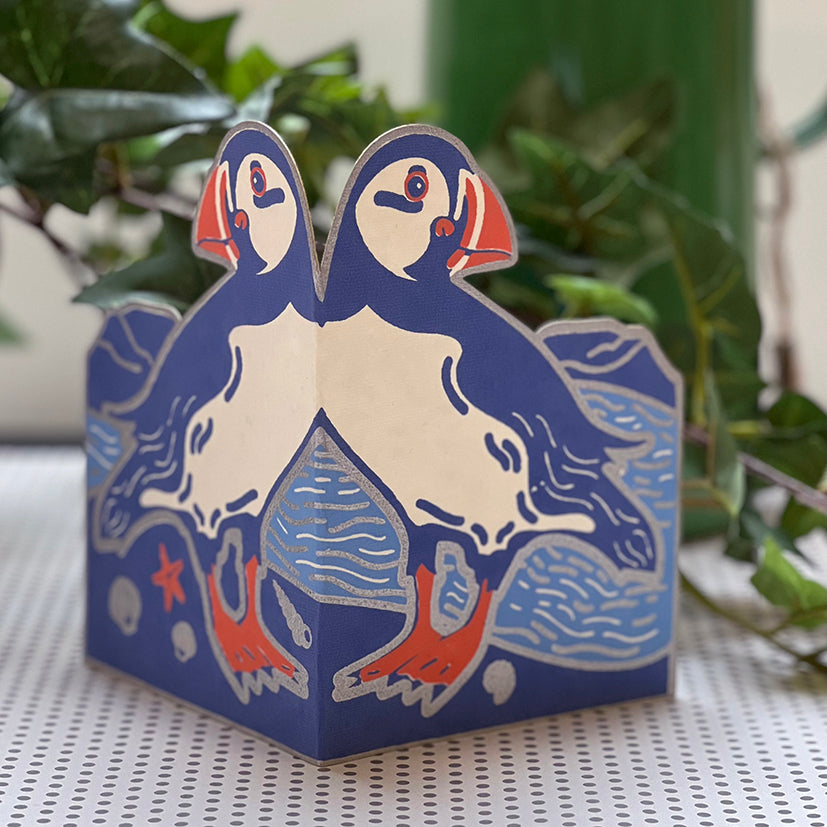 Handprinted Puffin card