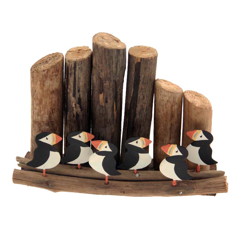 Flock of Puffins on Driftwood