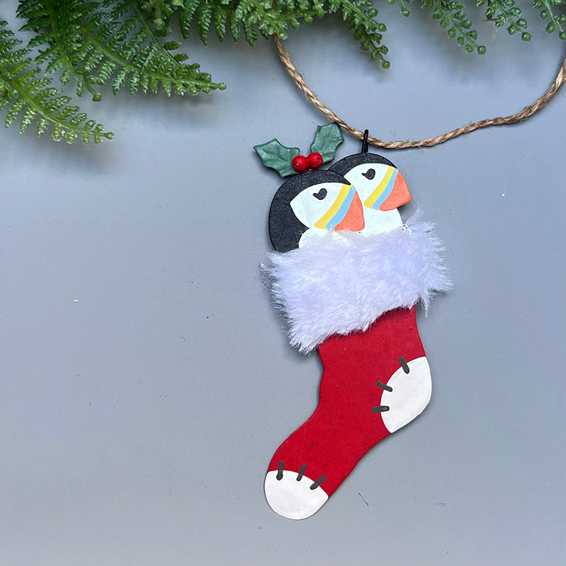 2 puffins in a stocking decoration