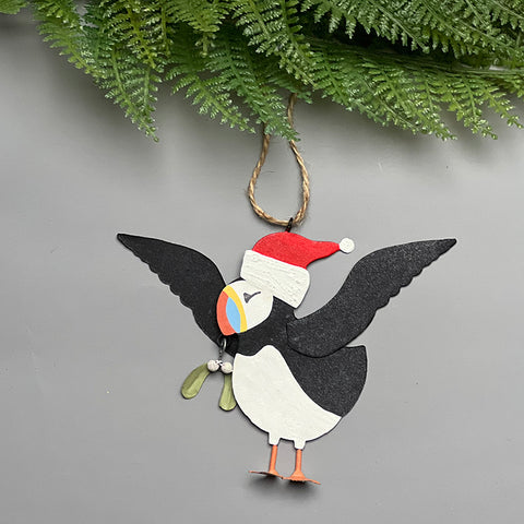christmas flying puffin with mistletoe