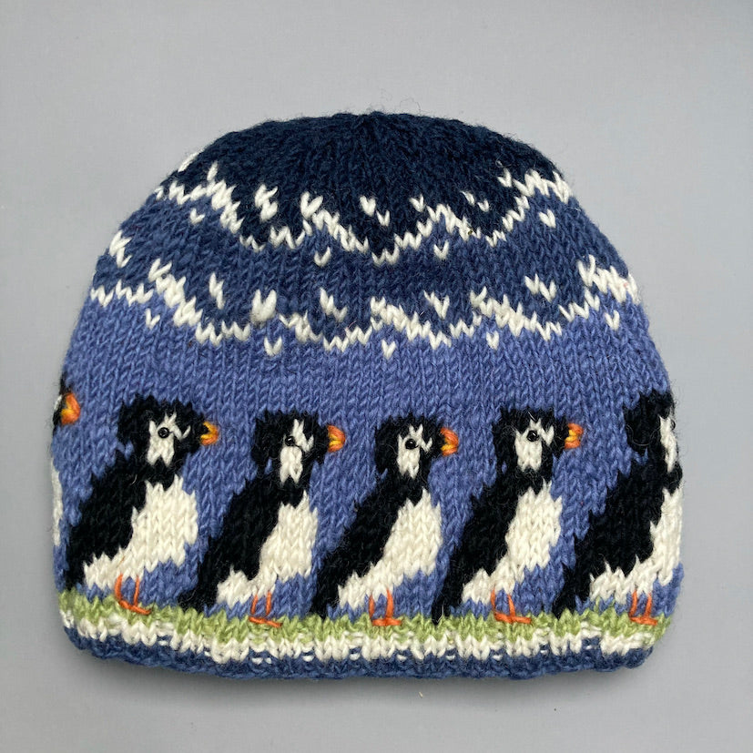 Hand knitted puffin beanie