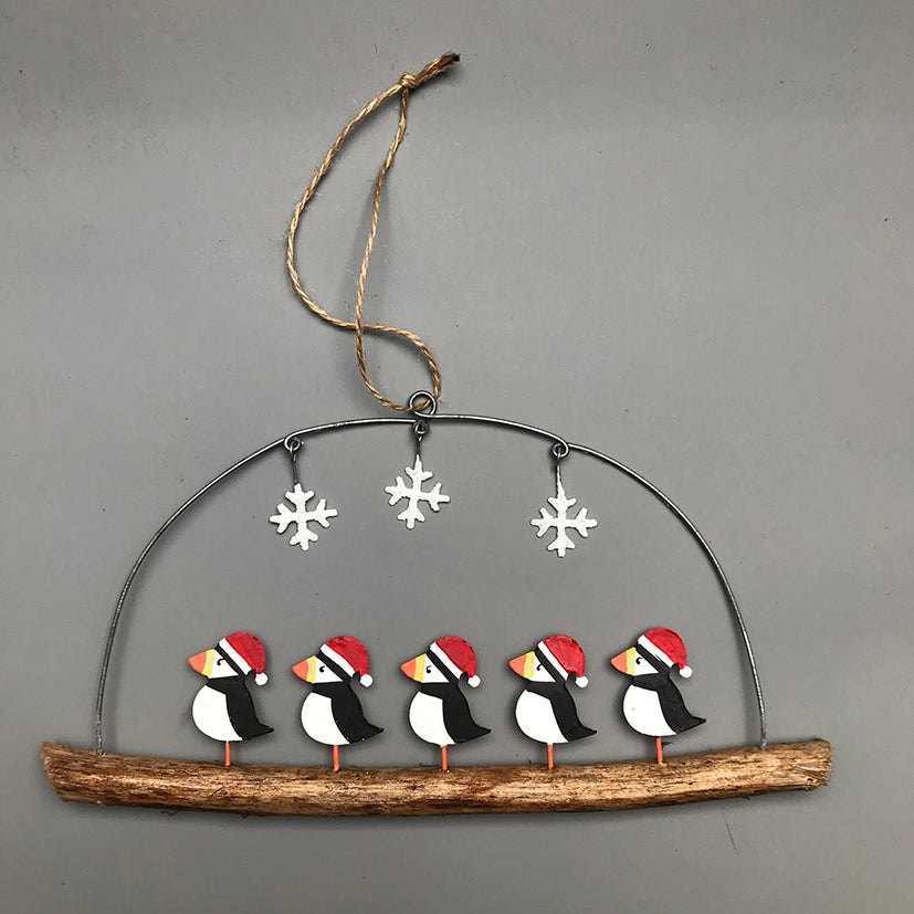 Christmas Puffins on Driftwood